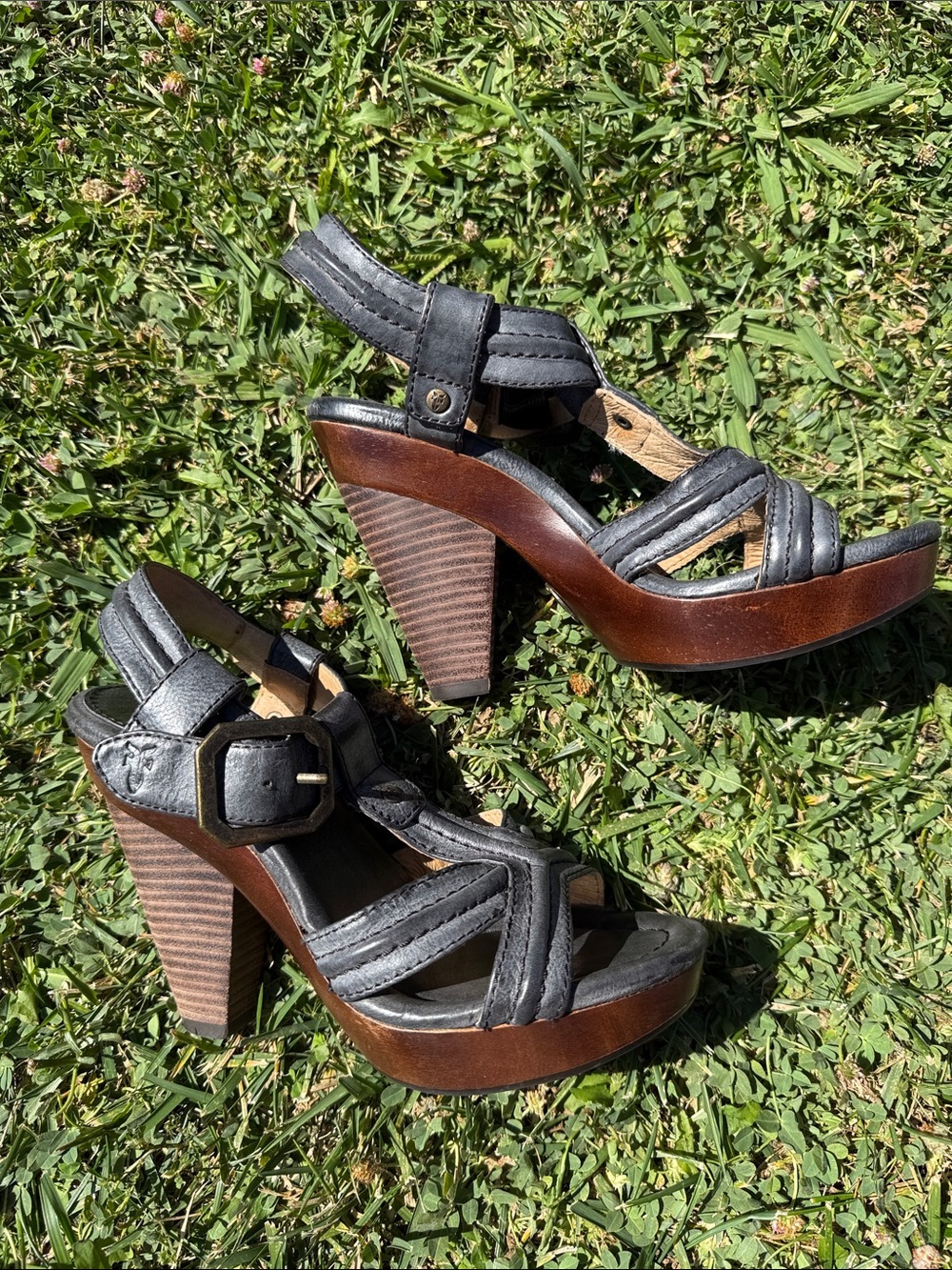Frye Black Leather Platform Sandals with Brown Stacked Heel